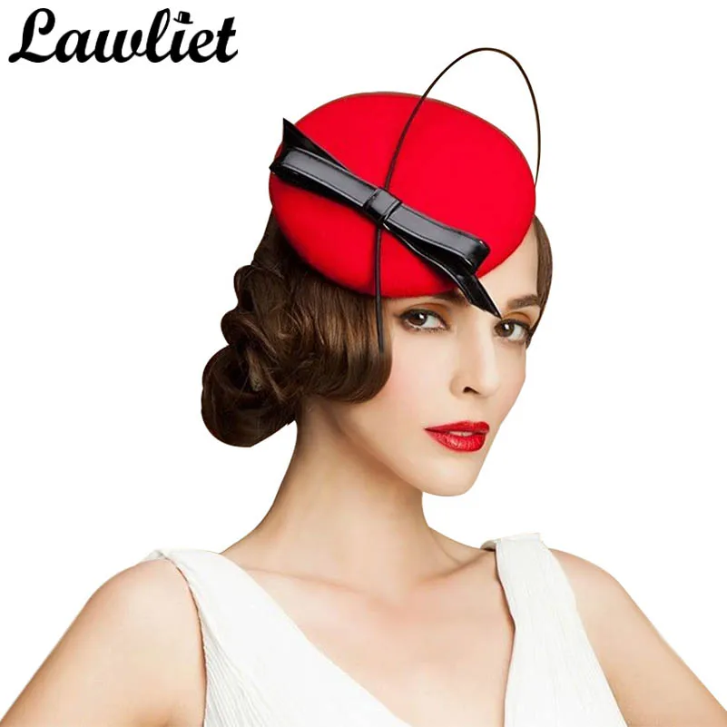 Ladies Wool Felt Round Fascinator Hats for Women Pillbox Hat Formal