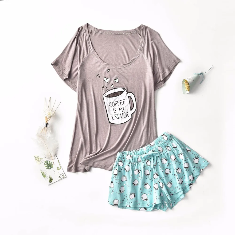 Женские пижамные комплекты с милыми кофейными чашками и сердечками, серые и розовые повседневные пижамные комплекты, модные мягкие пижамы