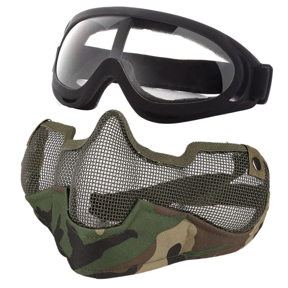 

New 2018 Adjustable Masks Half Metal Steel Steel Mesh Mask wind mirror Face Mask And UV400 Goggles Set Tactical