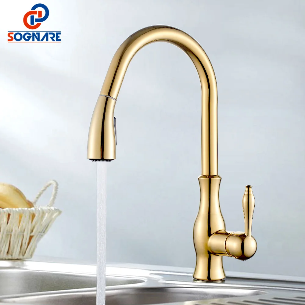 Gold Kitchen Faucet Pull Out Kitchen Mixer Swivel 360 Degree Faucet