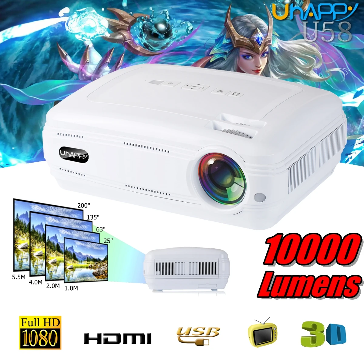 10000 Lumens 1080P 3D LED Home Cinema Theater Projector TV/AV/VGA/HD High Definition Multimedia Interface Beamer