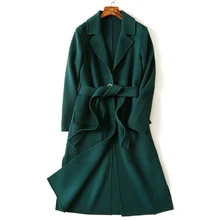 Wsfs Женская овечья шерсть пальто армейский зеленый пояс Тонкий теплый зимний Тренч с длинным рукавом шерстяное пальто куртки Casacos Feminino