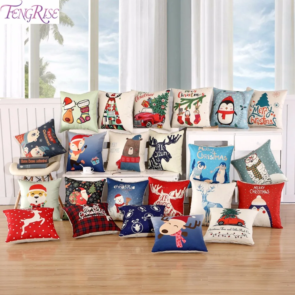 

FengRise Merry Christmas Cover Cushion Christmas Decorations for Home Sofa Santa Claus Elk Pillow Case Happy New Year 2019 Decor