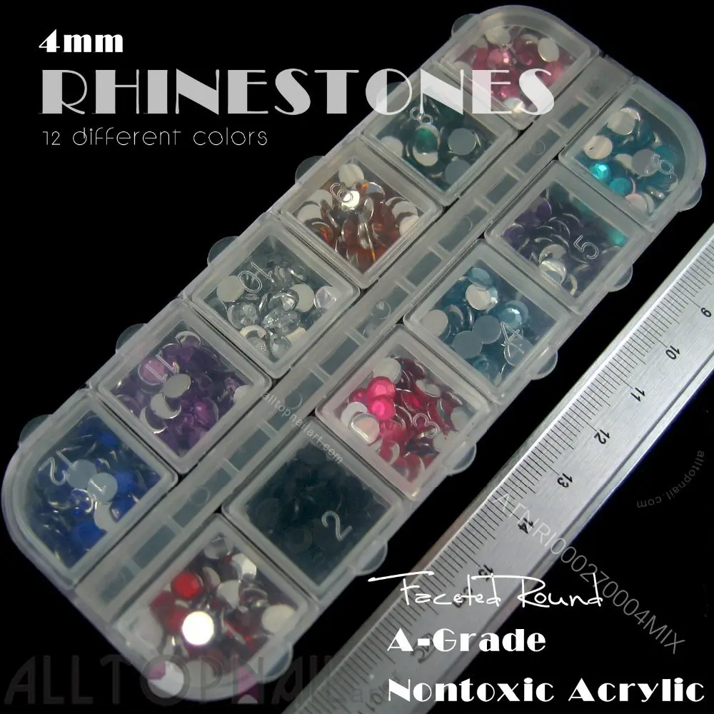 

4mm Faceted Round NAIL ART RHINESTONES 1200pcs in Case 12 color Professional 3D Nail Art Decoration