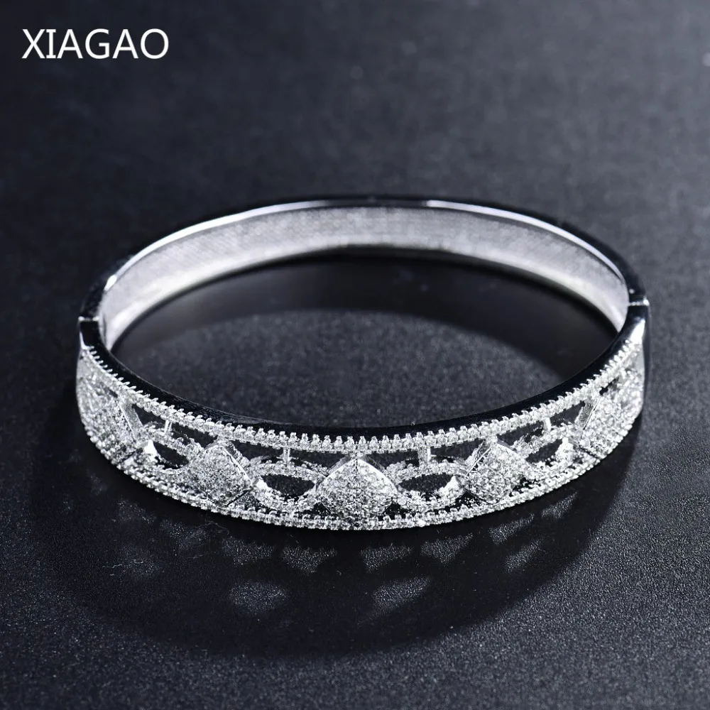 

XIAGAO Brand Silver Color Bangle Bracelets Womens Cubic Zirconia Bracelet Femme Pulseras Bijouterie Handcuffs Mirco Paved CZ