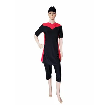 

2018 Summer Women Two-piece Elastic Short Sleeve Muslim Swimsuit Female O-neck Swim Wear Girl Solid Islamic Bathing Suit Lady