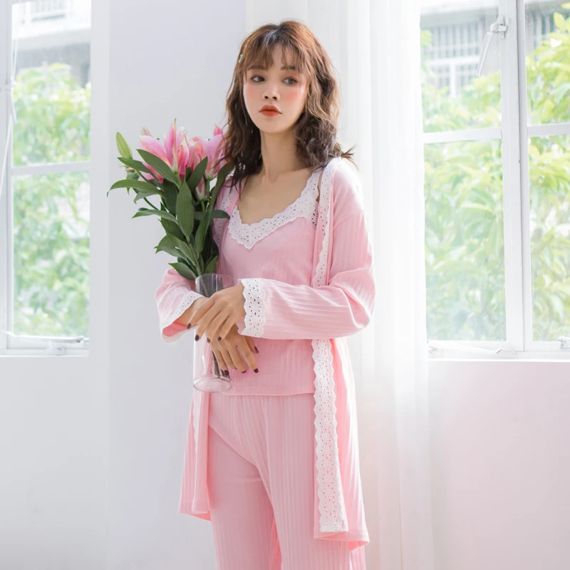 2019 Spring Nursing Pajamas Korean Cotton Sexy 3Pcs/Set Maternity Sleepwear Postpartum Breastfeeding Pregnancy Nightwear A315