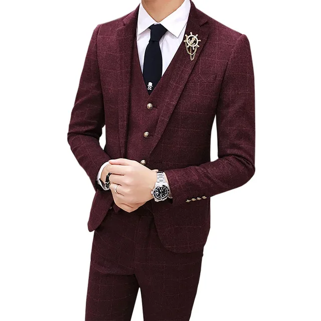 Mens Casual Slim Fit Plaid Blazer Three Piece Red Suit Sets 2017