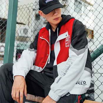 

Autumn 2019 Casual Vintage Color Block Loose Track Hoodie Jacket Coats Streetwear Hip Hop Men' Windbreaker Jacket Men Clothes