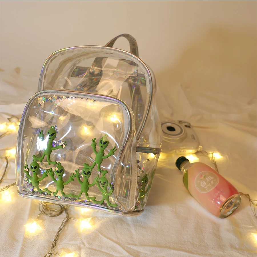 Женская сумка для книг, Прозрачный лазерный ПВХ Рюкзак, голографический лазер, инопланетная звезда, женский рюкзак для путешествий, прозрачная сумка для девочки-подростка