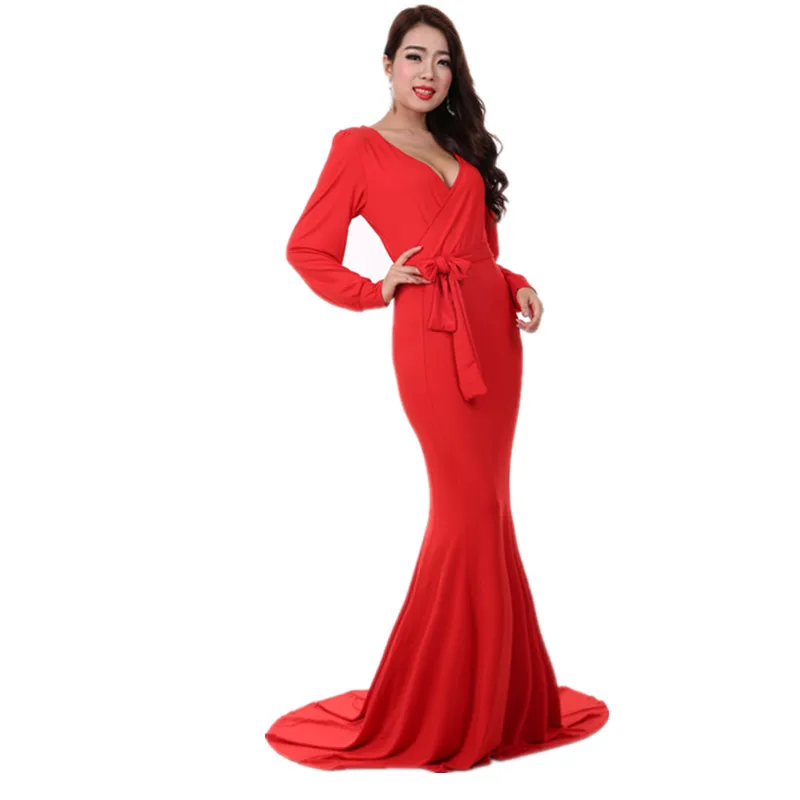 FEIBUSHI Hot Sell Women Autumn Elegant Sexy Solid Dark Blue Long Sleeve Wedding Casual Sheath Party Floor Length Mermaid Dress  