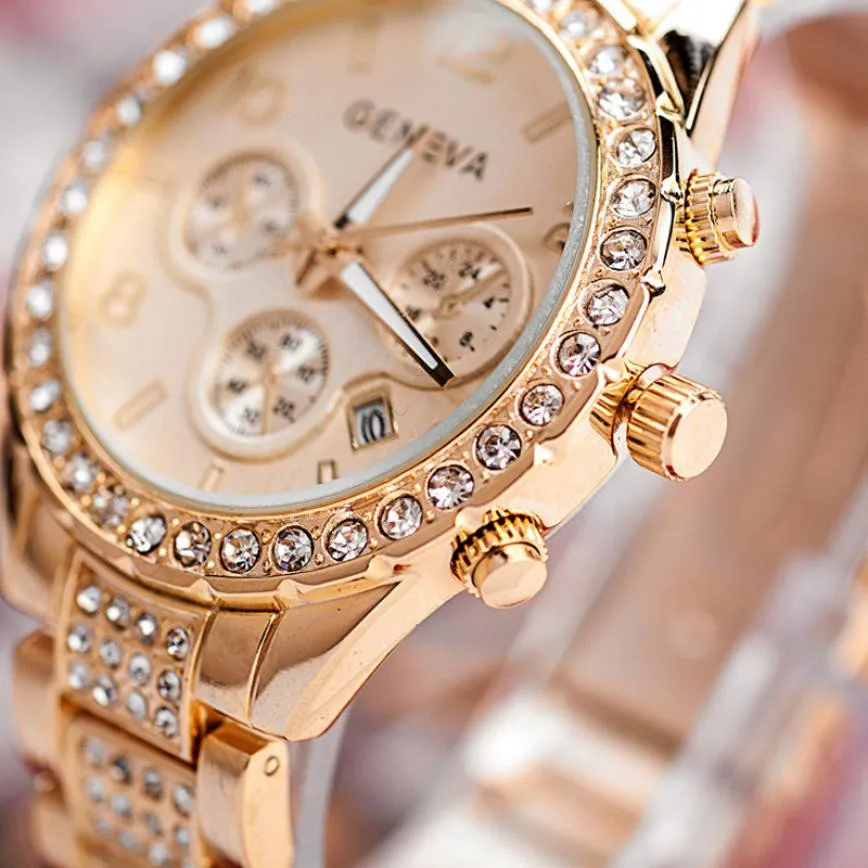 Роскошные Хрустальные кварцевые часы для женщин Женевская нержавеющая сталь Часы мужские Дамская мода большой циферблат браслет наручные# Zer