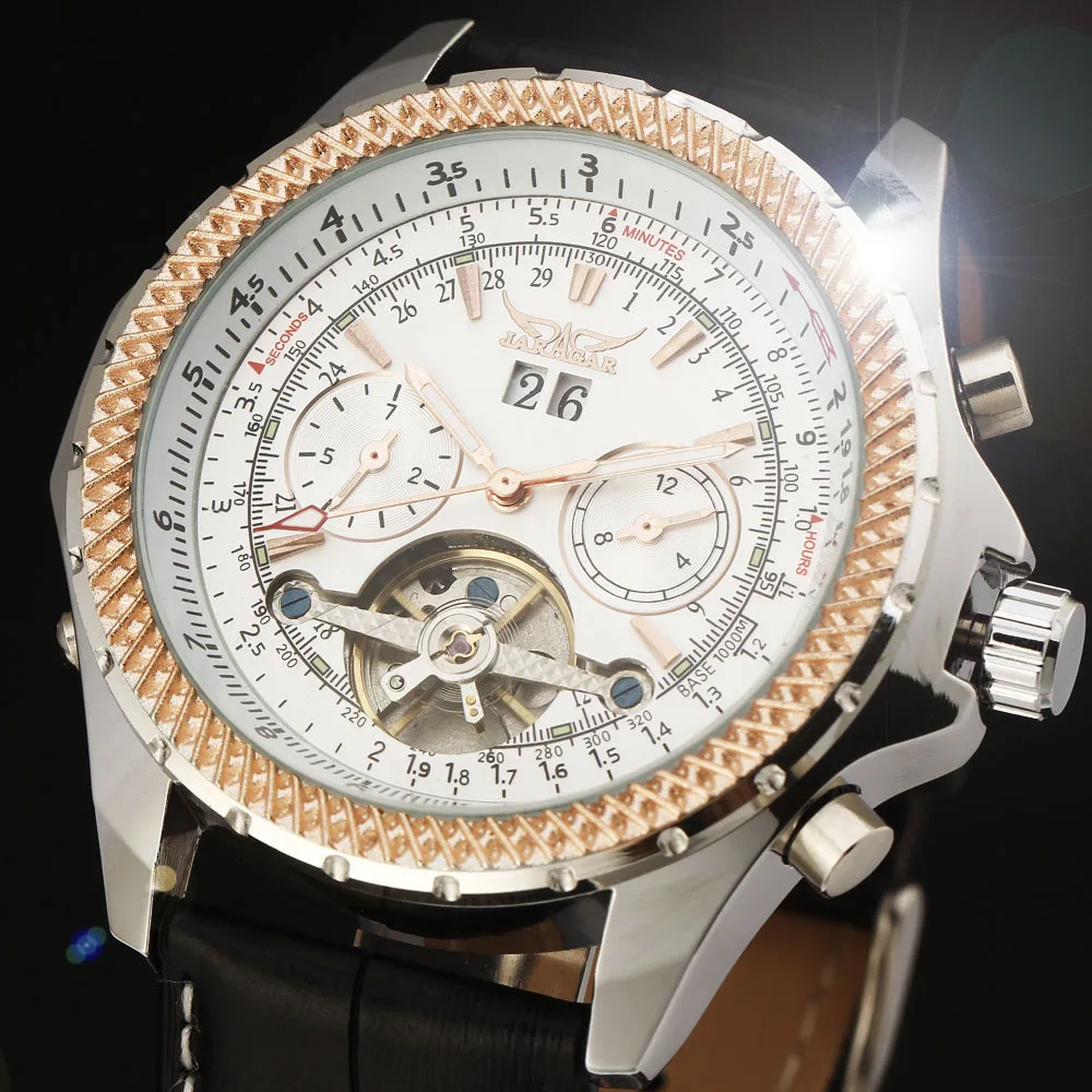 

Luxury JARAGAR Tourbillon Grid Gear Case Automatic Calendar Week Dial Real Leather Band Men Mechanical Wrist Watches