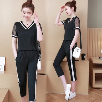 

Spring 2019 Plus Size Sexy Mesh Fashion Tracksuit Korean Elegant Casual Women's Sets Pocket Striped Patchwork Zweiteiler Damen
