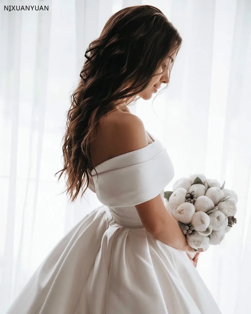 Vestido De Noiva 2019 Белый атласные свадебные платья с открытыми плечами Милая бальное платье пышное свадебное платье Саудовская Арабский невесты