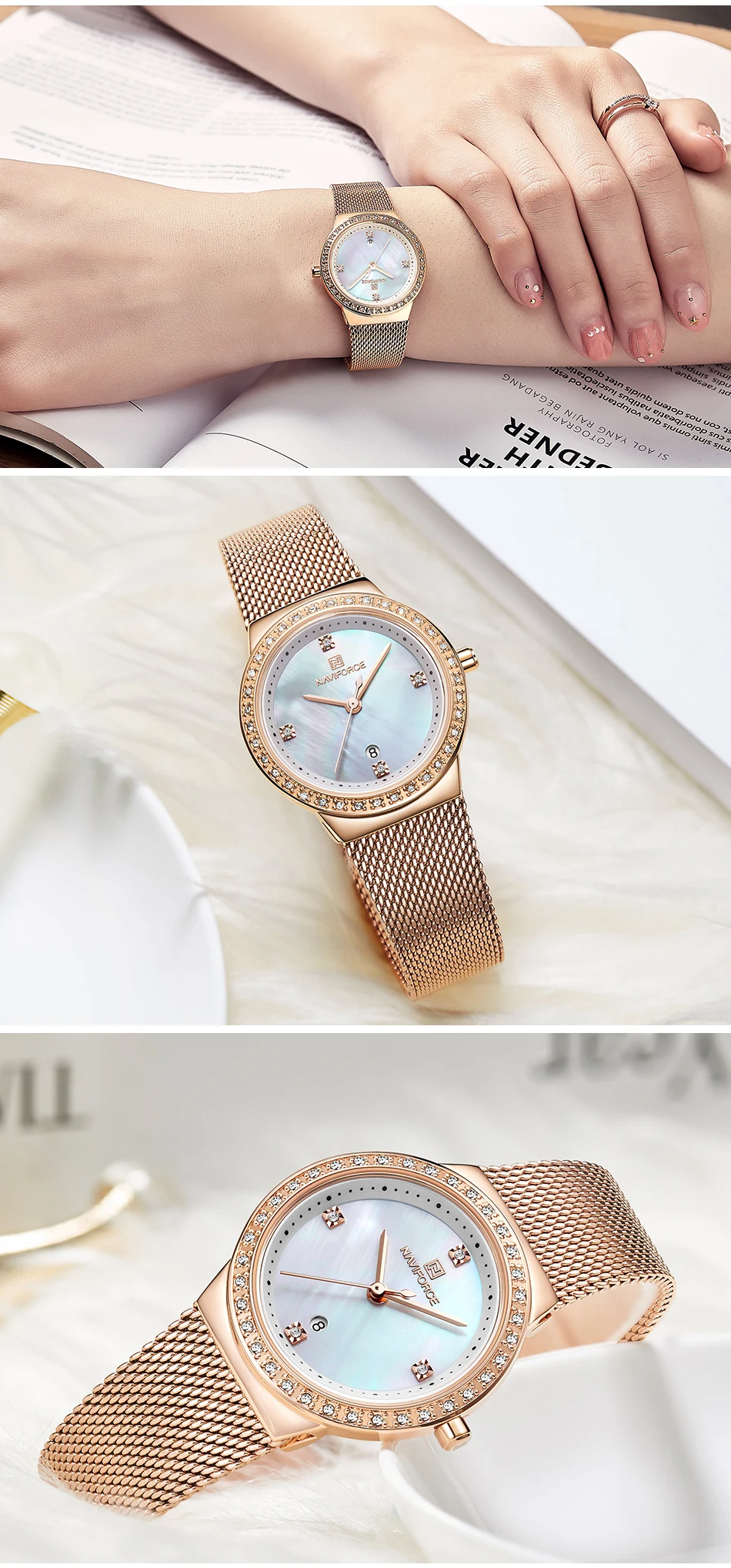 NAVIFORCE женские Роскошные Кварцевые часы Женские Простые розовые золотые синие часы Дамская Мода водонепроницаемые наручные часы подарок для женщин