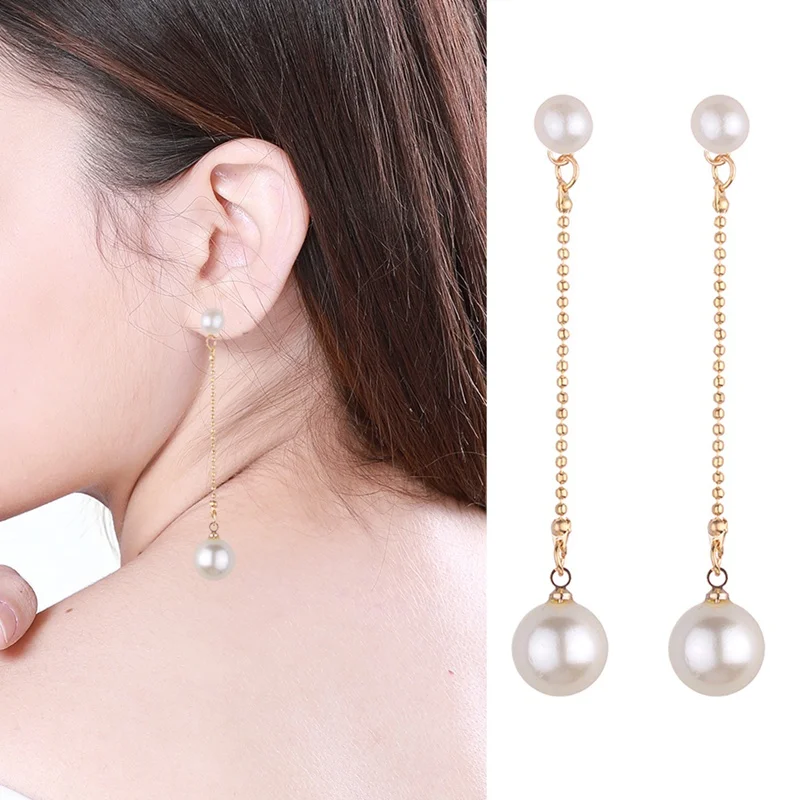 

Fashion Gold-color Simulated Pearl Pendant Long Chain 2 Beads Long Earrings Bridal Wedding Pearl Jewelry Drop Earrings