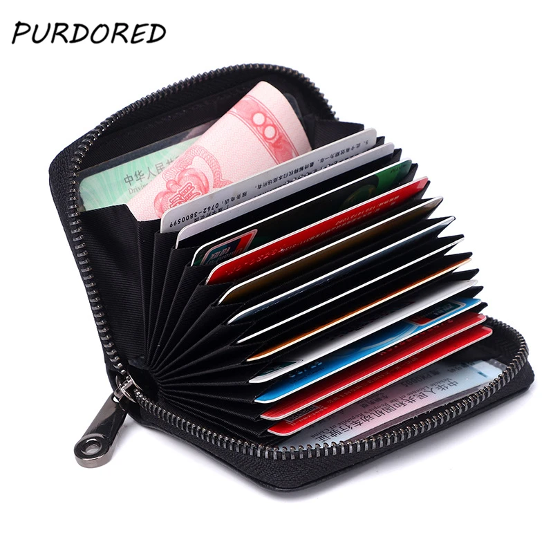 

PURDORED 1 pc Unisex Business Card Holder Genuine Leather Zipper Business Card Holder Solid Women Credit Card Holder Pocket