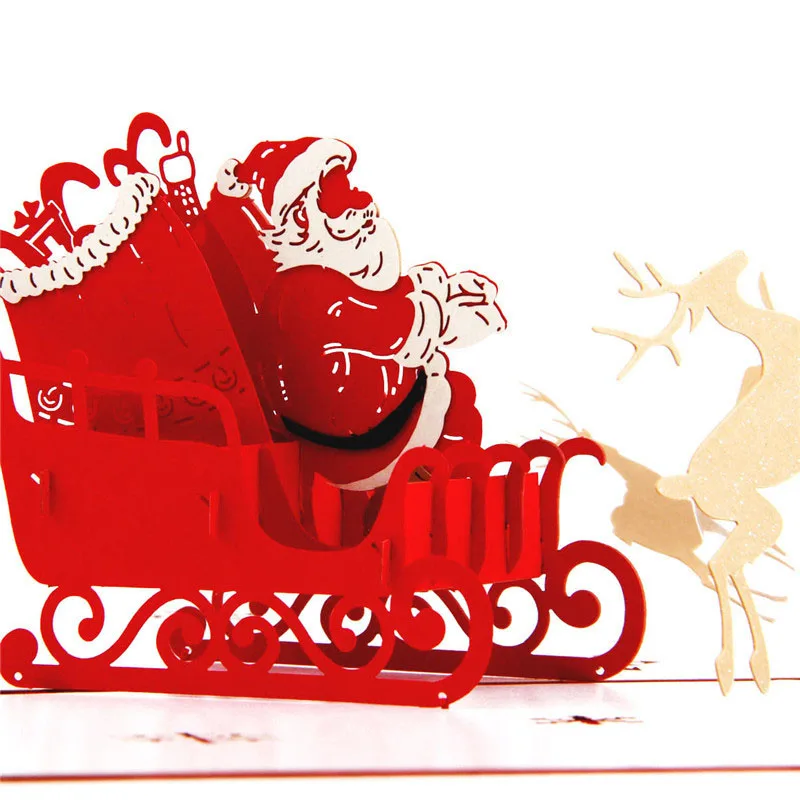  3D Laser Cut Handmade Santa Claus Elk Flying Sleigh Paper Invitation Greeting Cards PostCard Christ - 32791990314