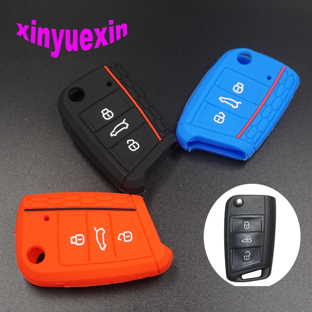 

Xinyuexin For VW Silicone Car Key Cover FOB Case For VW Golf 7 mk7 Skoda Octavia A7 New Polo Remote Key Jacket Bag Car-stying
