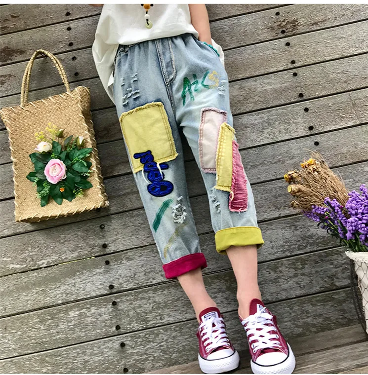 

Girl Student Vintage Design Patches Calf-Length Pants Summer Fashion Plus Size Loose Thin Pants Holes Color Blocked Trousers
