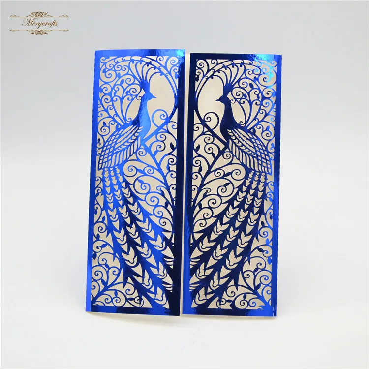 

Luxurious laser cut metallic blue wedding invitation card peacock