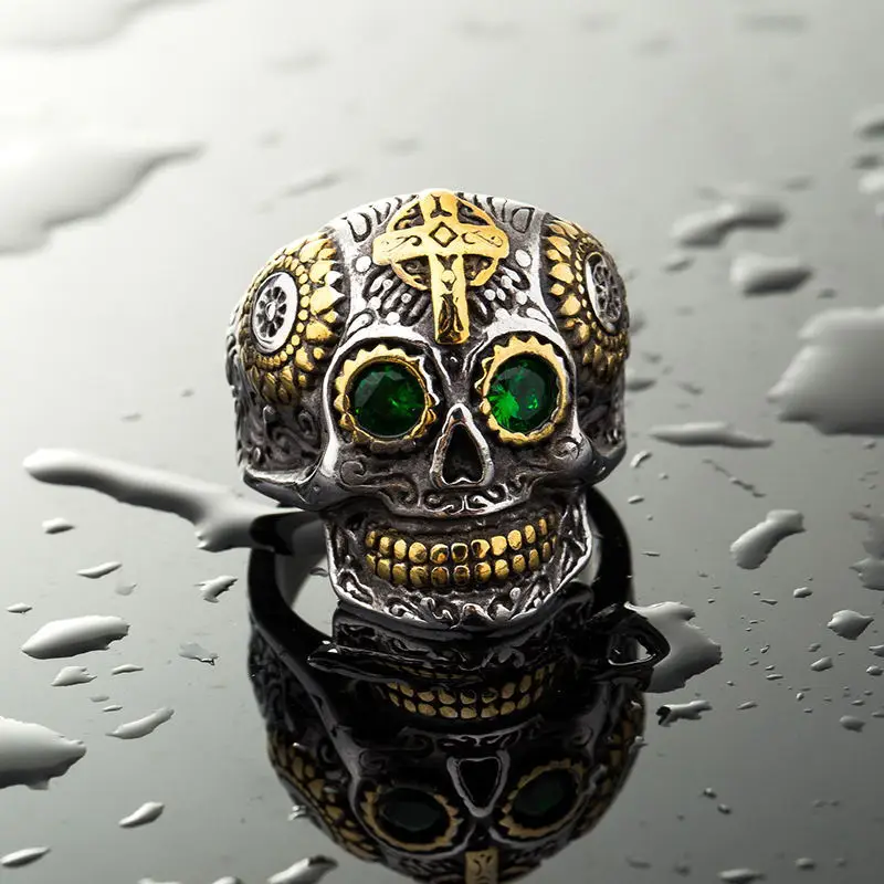 

Vintage Stainless Steel men's Gothic gold Carving kapala cross Skull Ring Biker Hiphop punk rock retro ring Jewelry For man