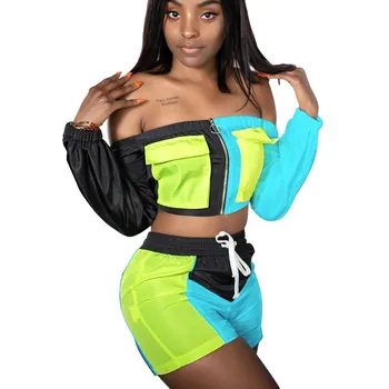 

2019 Neon Two Piece Set Tracksuit Women Crop Tops And Biker Shorts Sweat Suits Sexy Club Outfits 2 Piece Matching Sets