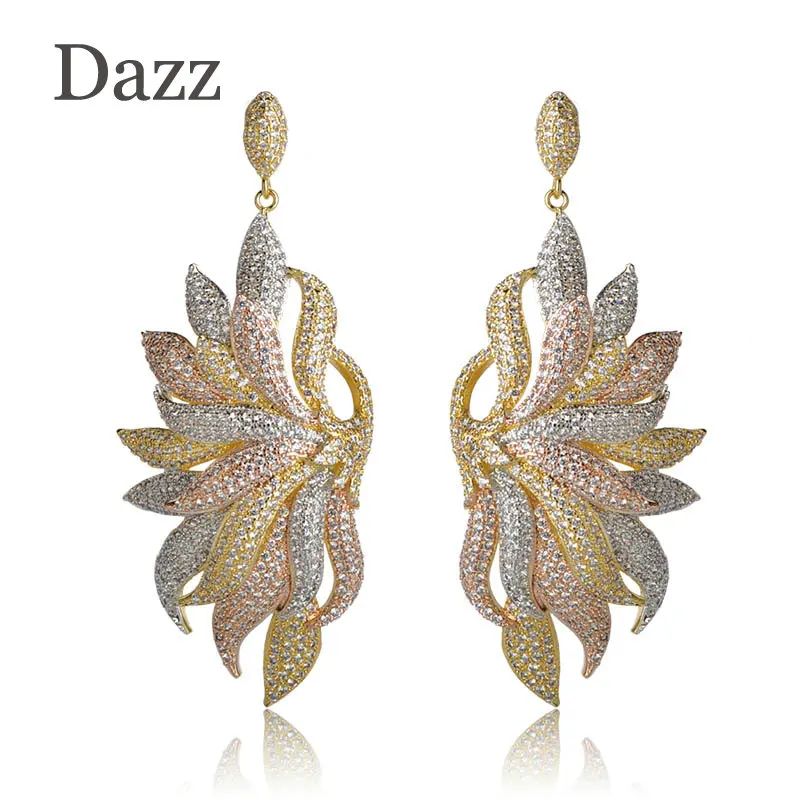 

Dazz Fashion Feather Shape Earrings Three Tones Colors Copper Bijoux Shining Cubic Zircons Earrings For Women Party Accessories