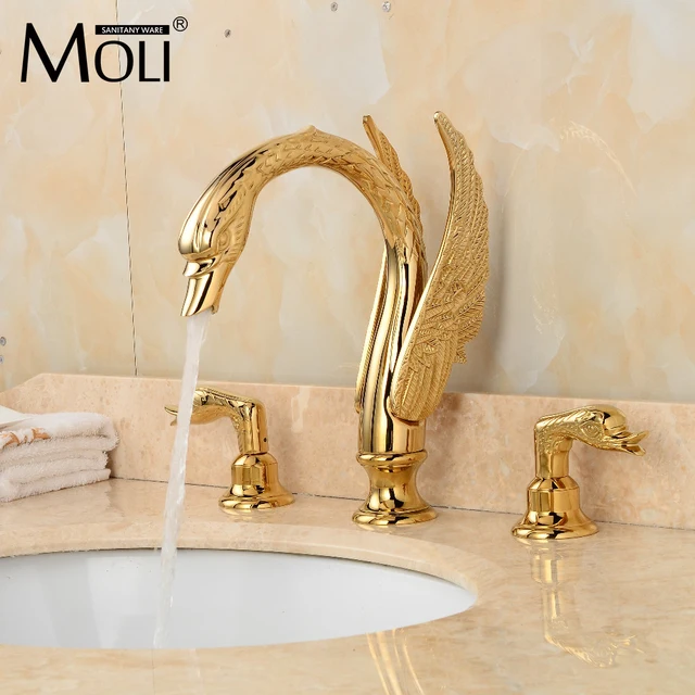 Luxury copper gold finish bathroom faucet golden swan faucets double