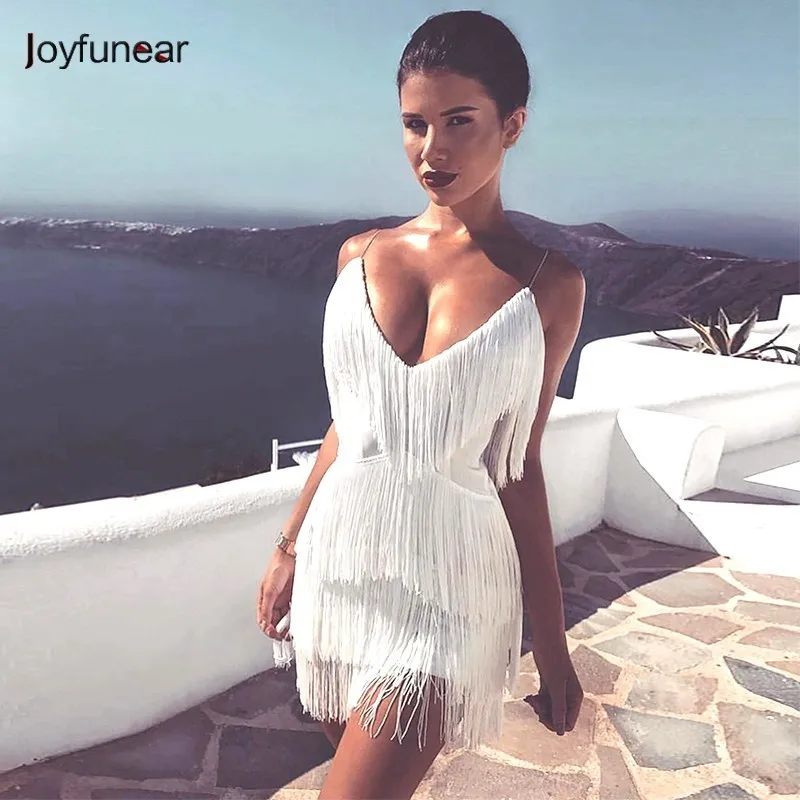 

Joyfunear V Neck Sexy Dresses Women Summer Spaghetti Strap Tassel Bodycon Dress Party Night Club Short White Dress Vestido
