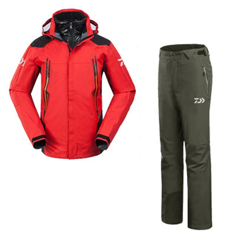 DAIWA Men Waterproof Outdoor Sports Winter Removable Liner Fishing Clothes Pants Coat Warm Jacket Mountaineering Clothes Set - Цвет: Red Clo Green Pant