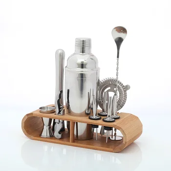 

12Pcs/Set Stainless Steel Bar Cocktail Shaker Proffessional Bartender Barware Set Jigger Wine Opener Pourers With Bamboo Rack