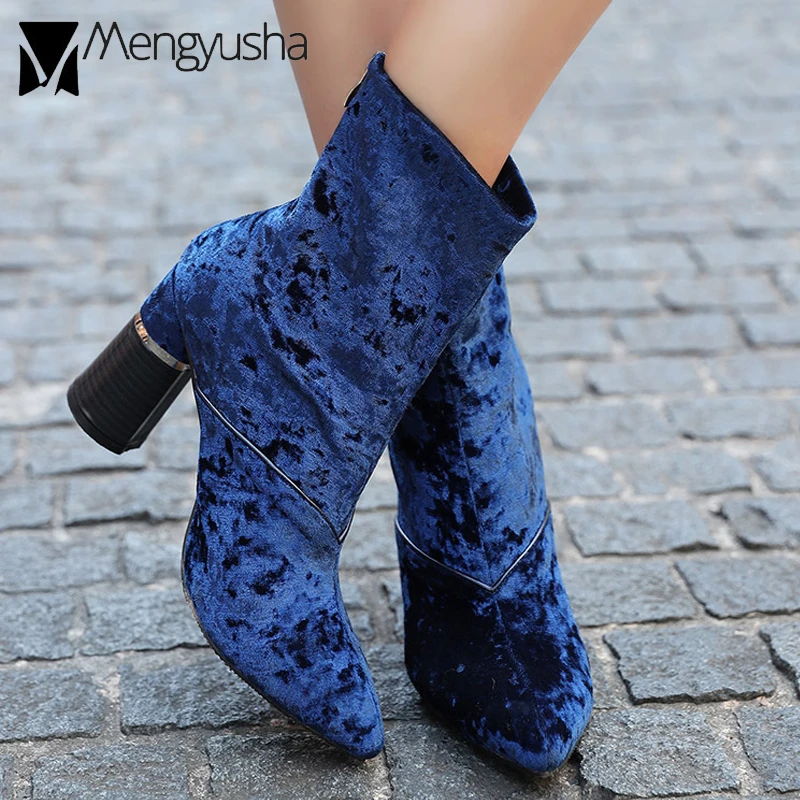 Pointu Chaussons Velours Doux bleu Élastique Designer Cheville Hiver Bottes Haute De Mode Celebrity Nouveau Automne Femme Noir Botas Bout Chelsea O8wkPn0