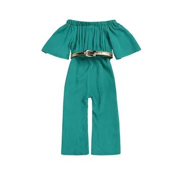 

Fashion New Summer Children Romper Toddler Kid Baby Girl Off-shoulder Romper Jumpsuits Wide Leg Bib Pants With Belt 2Pcs Outfits