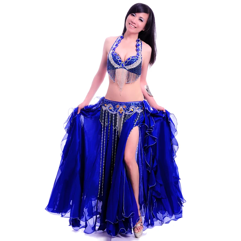 New Big Wave Flare Expansion Full Belly dance Skirt Professional Bellydance Dress 2 Split Performance Costume:Bra&Bel& Skirt Set