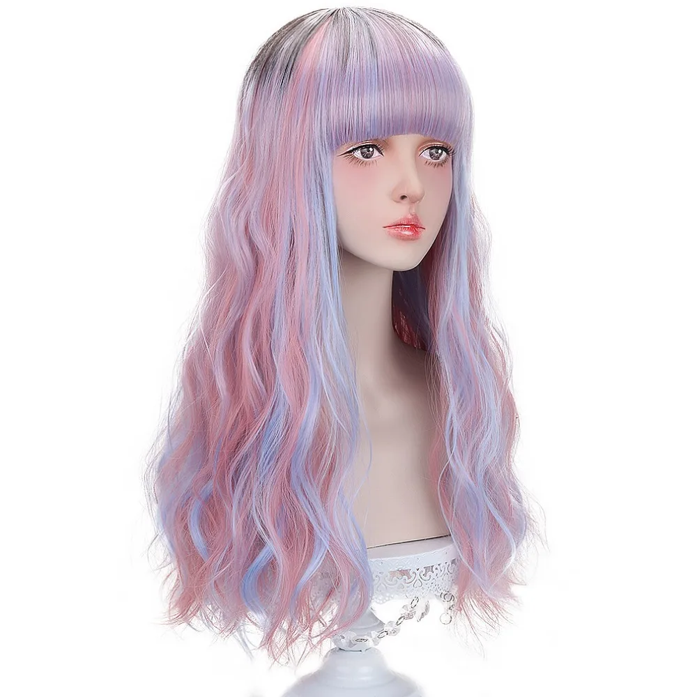 

Long Wavy Cosplay Wig with Bangs Baby Pink Purple Lolita Wigs Synthetic Hair Ombre 24'' Adult Wigs for Women Halloween HP-L-049