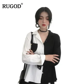 

RUGOD Fashion patchwork women shirts elegant turn-down collar long sleeves pocket black and white spring modis femme blusa