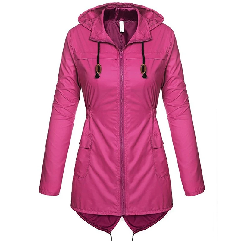 

Multi-color outdoor windbreaker women's solid color long-sleeved hooded raincoat casual drawstring slim ladies long Trench coat