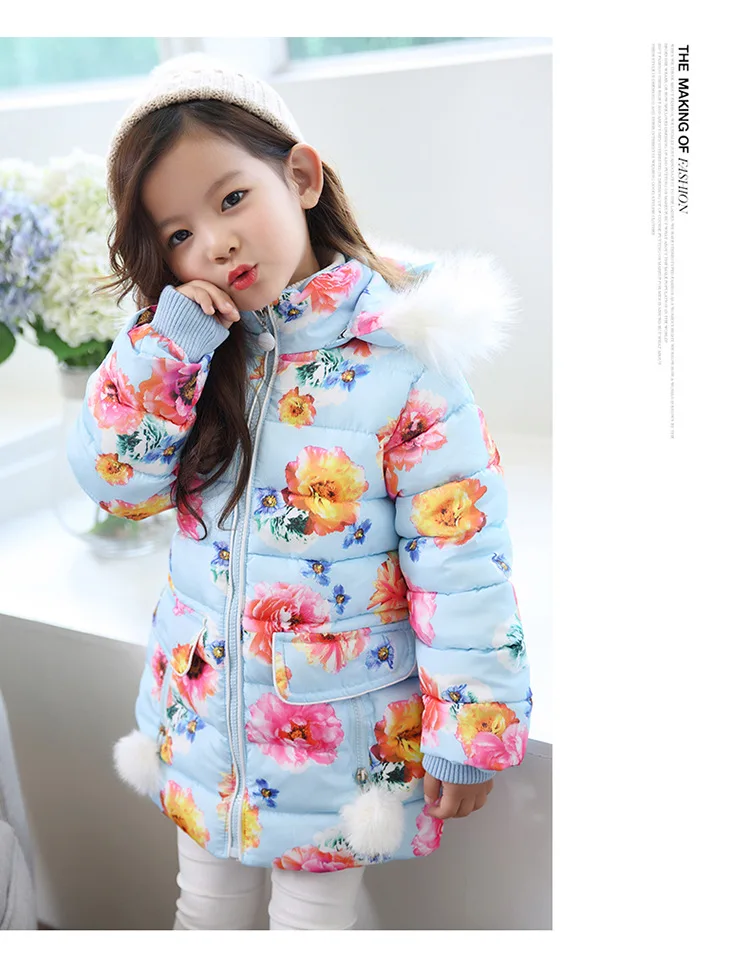 Baby Girls Coats Children's Thickening Hooded Warm Winter Jackets Coat floral hooded down feather long down Coats For Teenage 3-10Y kids clothing (9)