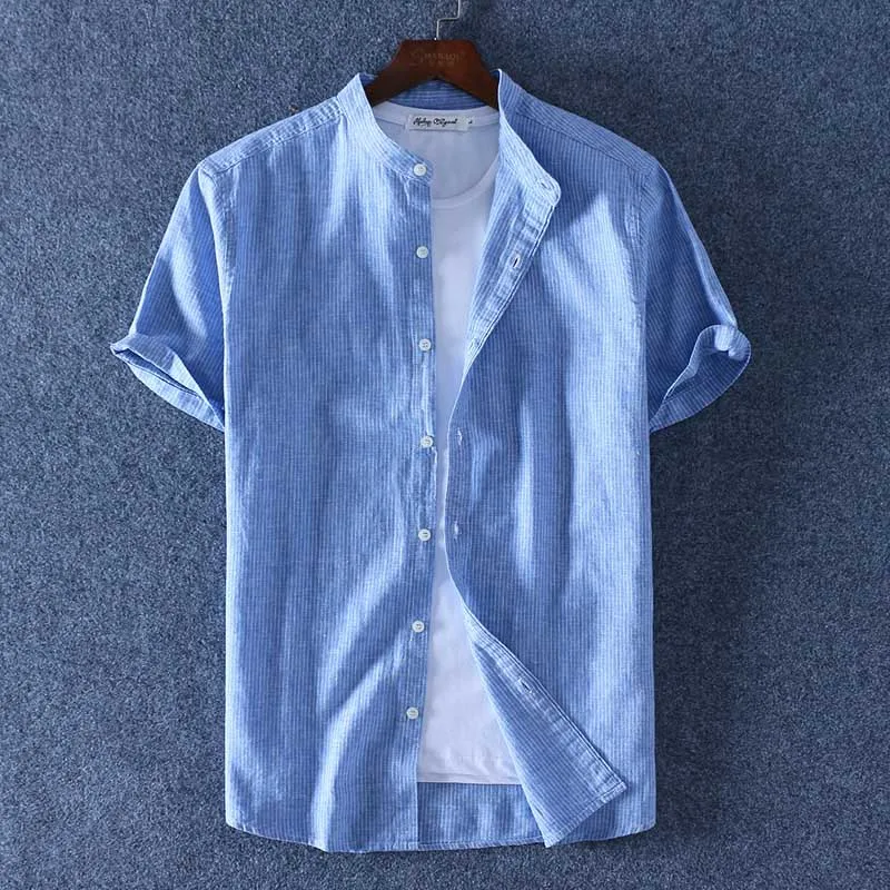 Schinteon, мужская летняя хлопковая льняная полосатая рубашка, тонкая, стоячий воротник, удобные рубашки с коротким рукавом, новое поступление - Цвет: Blue