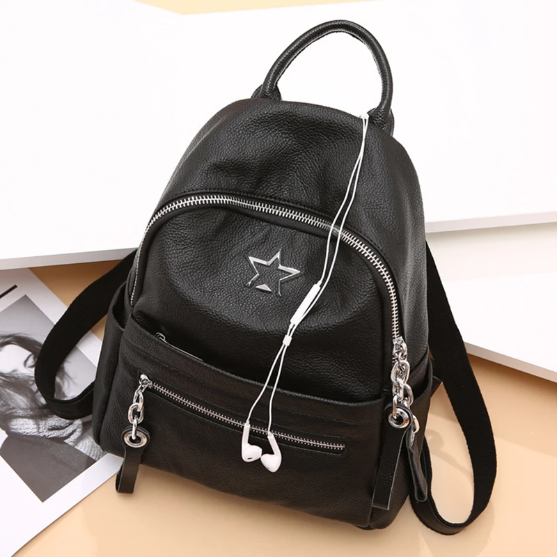 Genuine Leather Rucksack School Daypack Book Bag Natural Cowhide Star Pattern New Fashion Knapsack Casual Black Women Backpack Genuine Leather Rucksack School Daypack Book Bag Natural Cowhide Star Pattern New Fashion Knapsack Casual Black Women Backpack