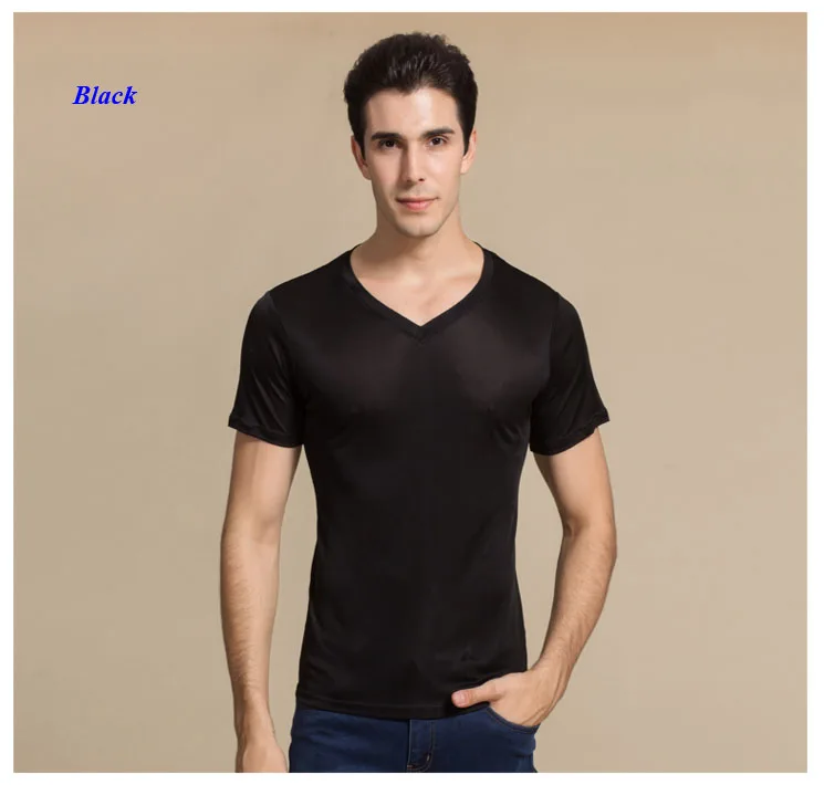 Новое поступление, двусторонняя трикотажная мужская деловая Повседневная футболка из чистого шелка с v-образным вырезом, шелк, трикотажная Мужская футболка с коротким рукавом - Цвет: Black