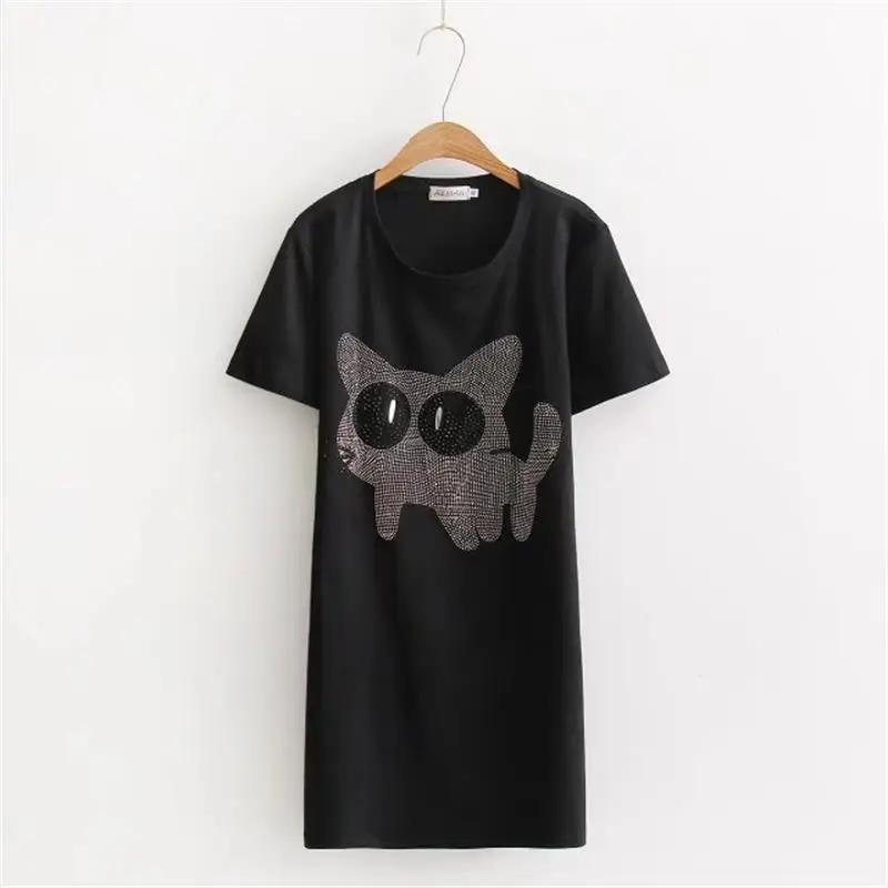 Online Talla grande gato diamantes negro manga corta Mujer camiseta 2017 Casual cuello redondo Camiseta larga Mujer Camisetas Camiseta verano camiseta