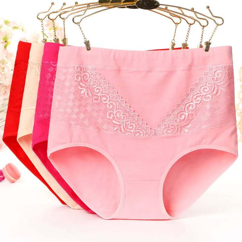 Q011 4Pcs/Lot Cotton Breathable Panties Ladies Underwear Plus Size Lace Lingerie Women High Waist Briefs
