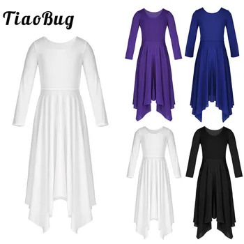 

TiaoBug Girls Long Sleeve Irregular Hem Loose Dance Dress Kids Contemporary Lyrical Dance Costumes Child Solid Color Dance Wear