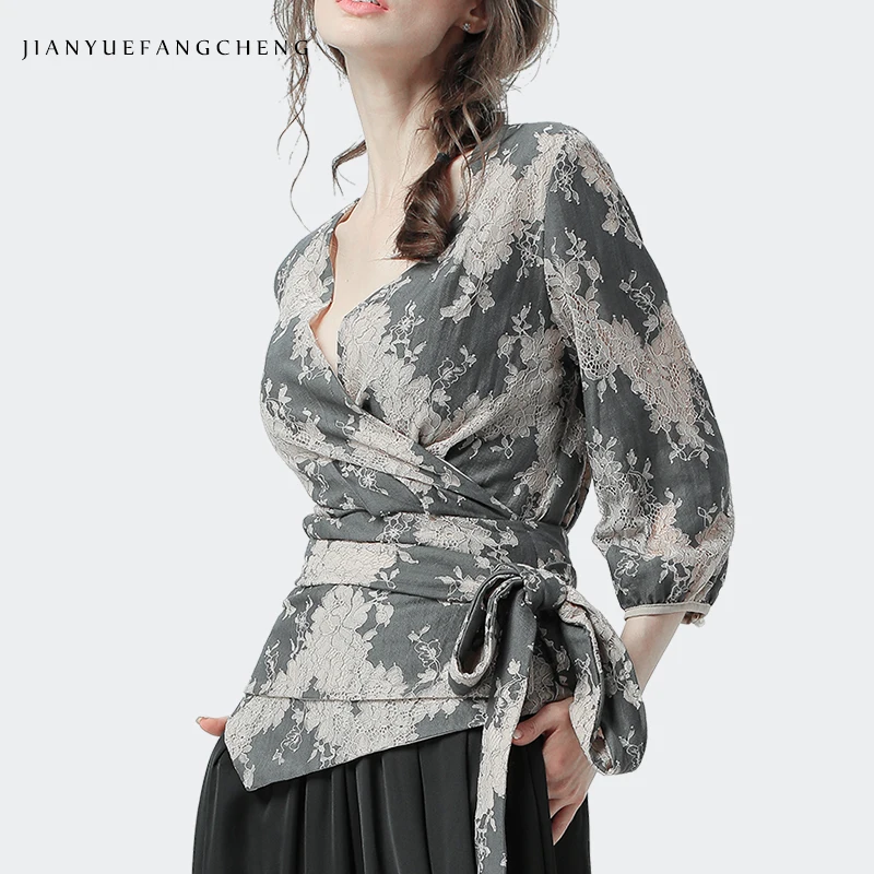 

Lace shirt Floral Blouse Female Lantern 9/10 Sleeve With Crossed Lace Up Belt Cardigan Summer Tops Sexy Slim 2019 Fashion Tunic
