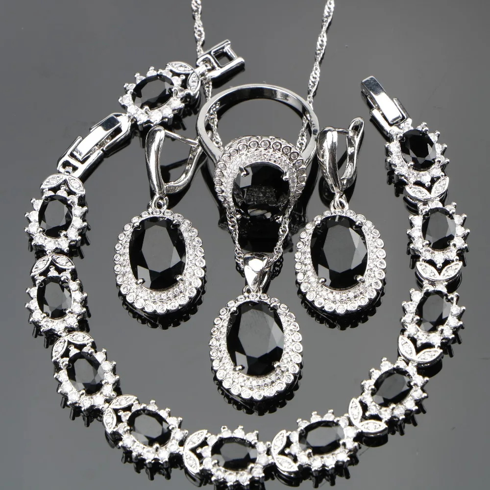

Black Stones Costume Silver 925 Ladies Jewelry Sets For Women White CZ Ring Size 6/7/8/9/10 Bracelet Length 18+2CM Free Gift Box