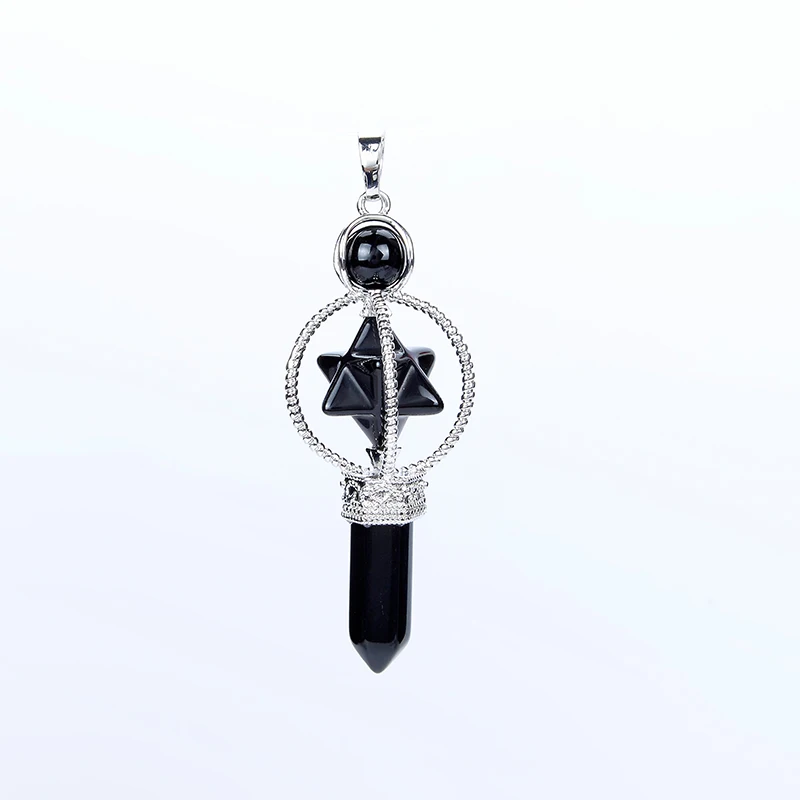 

Women Men Small Natural Amethysts Rock Crystal Black Agates Stone Reiki Healing Merkaba Pencil Dowsing Pendulum Necklace Pendant