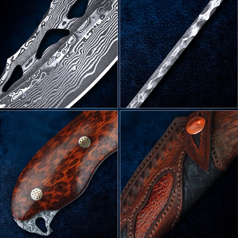 TUREN-Full Tang Дамасская сталь нож с фиксированным лезвием для охоты на открытом воздухе Инструменты тактические ножи резные кожаные оболочка 59-60HRC коллекция